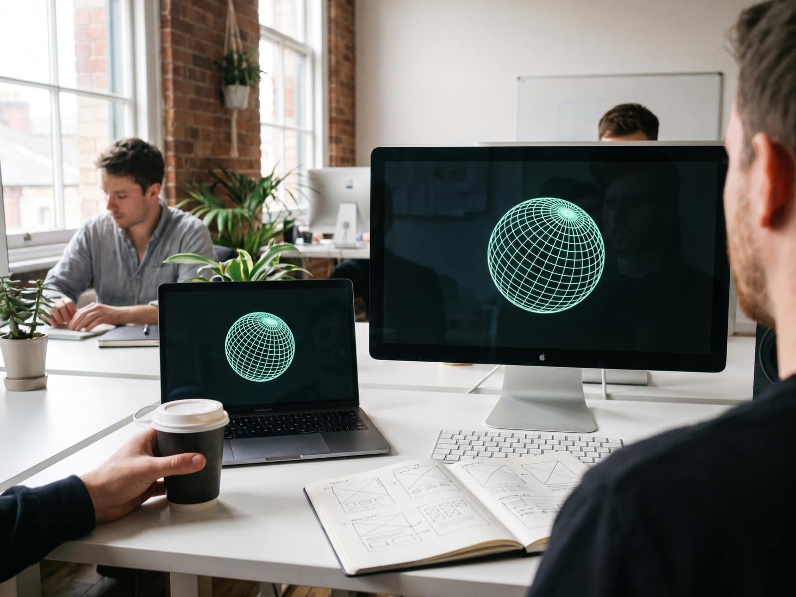 A view over a designer’s shoulder at their desk, with two monitors showing a wireframe sphere on a dark screen.