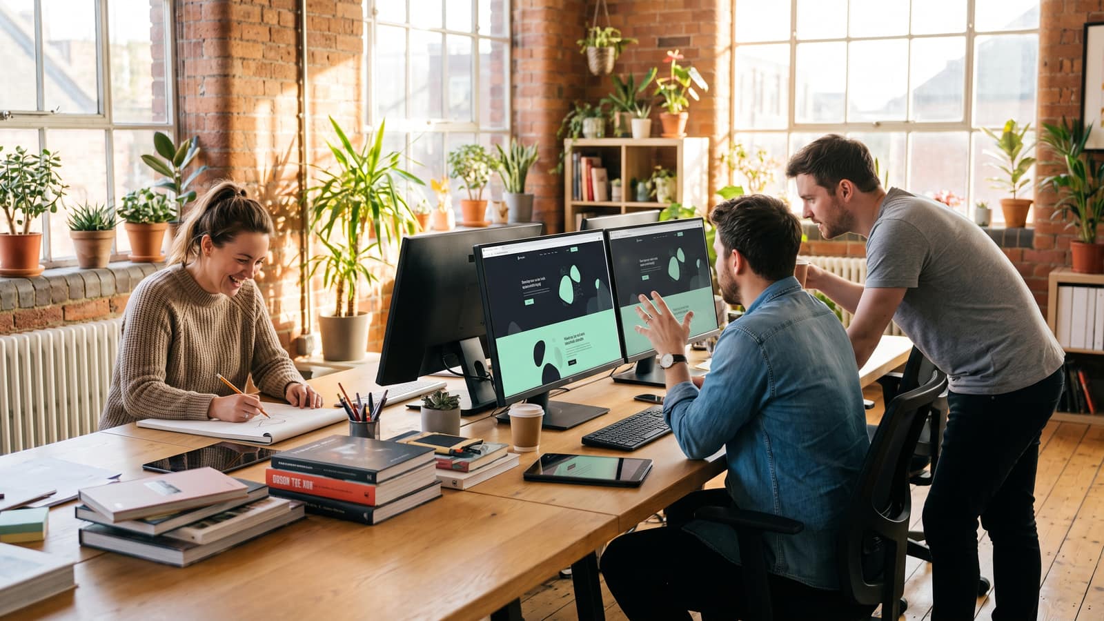 Three people working side by side at a long desk in a brick warehouse studio, their monitors showing a dark website design.