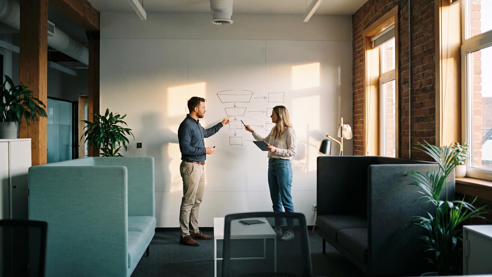 Two colleagues standing at a whiteboard, drawing a funnel diagram in marker pen.